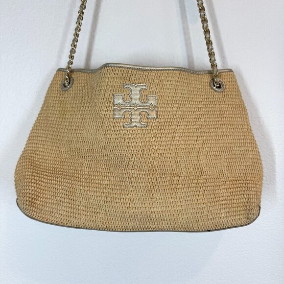 Tory Burch Woven Shoulder Bag Purse Tote Gold Accents Tassels Natural - Picture 3 of 14